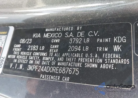 2024 Kia Forte Lx z USA, uszkodzony, nr VIN 3KPF24AD0RE687675